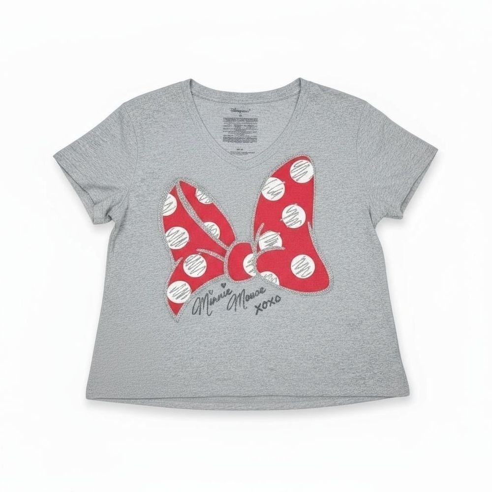 Disney Store Minnie Mouse‎ Bow V-Neck T-Shirt Gray Red Glitter Womens 2XL